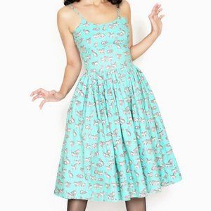 Bernie Dexter Chelsea Dress - Size Large, Turquoise with Charming Kitten Print